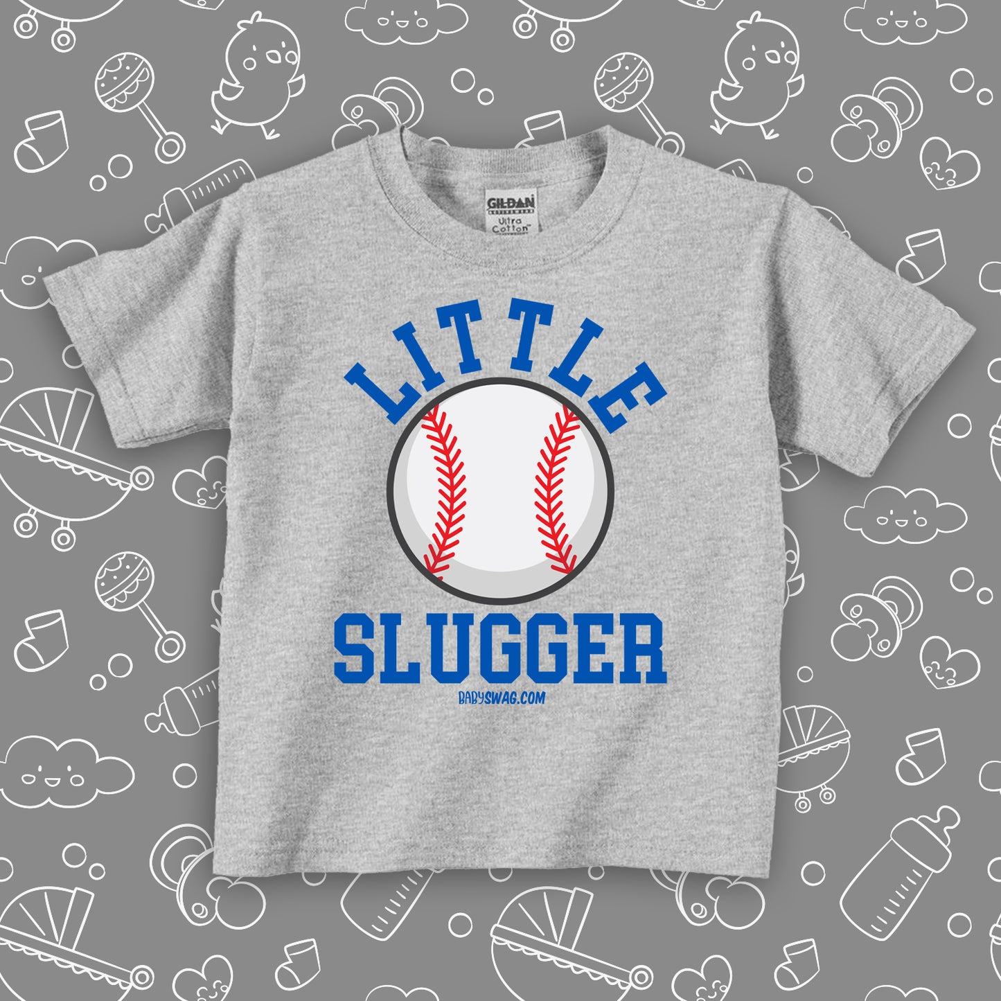 Toddler boy graphich tees with saying "Little Slugger" in grey. 