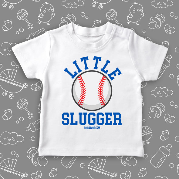 Toddler boy graphich tees with saying "Little Slugger" in white.