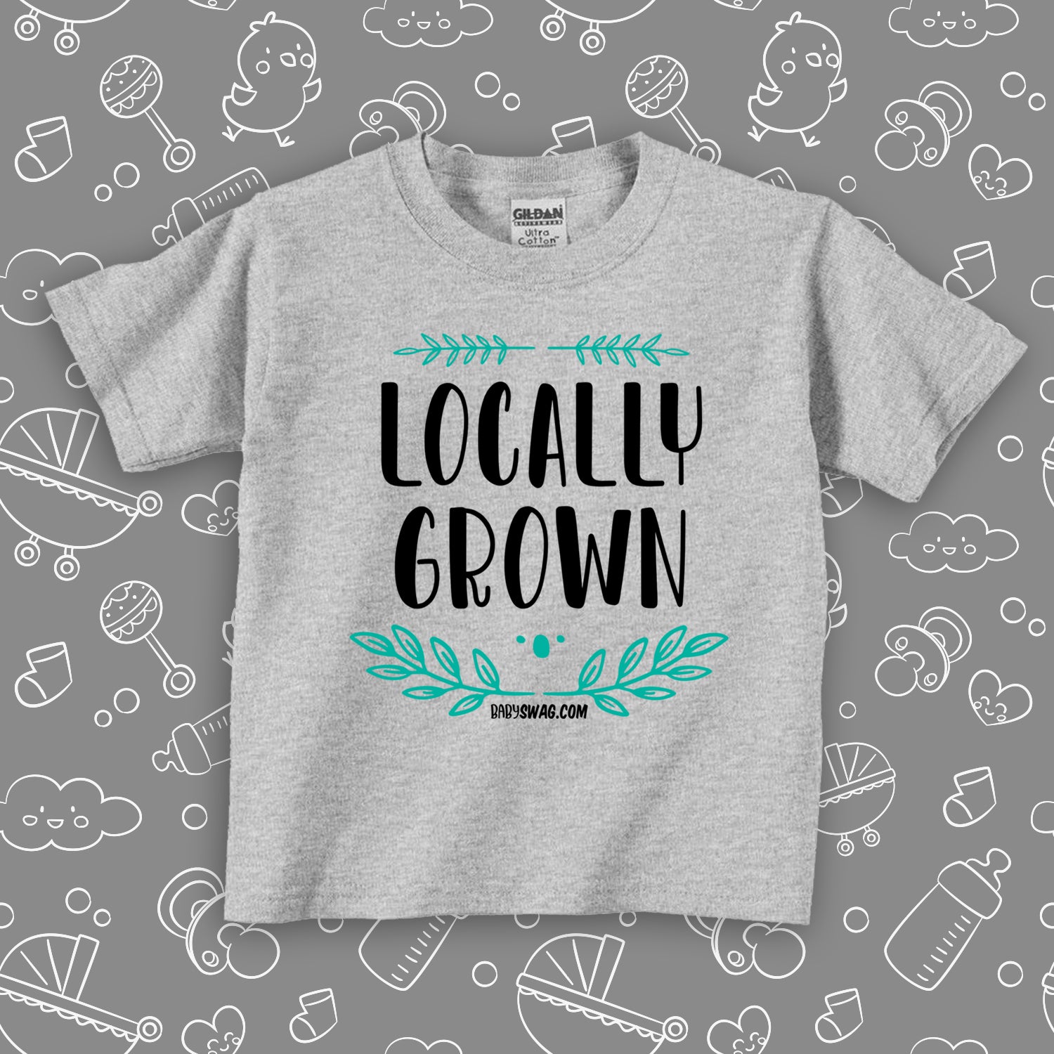 Cute toddler shirts with saying "Locally Grown" in grey. 