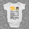 The "Mac & Cheese Nutrition Facts" graphic baby onesies in white. 