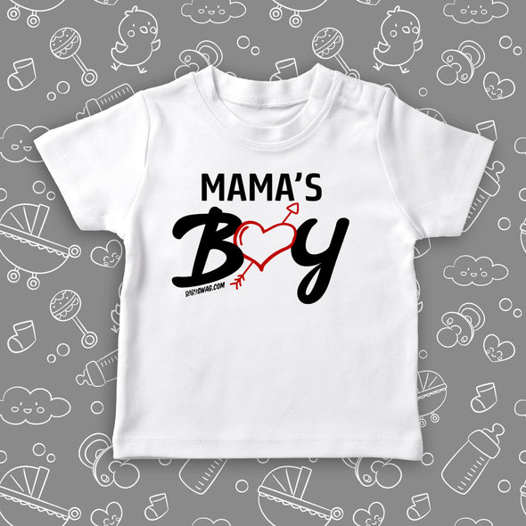  White toddler boy graphic tee with saying "Mommy's Boy" and an image of a heart. 