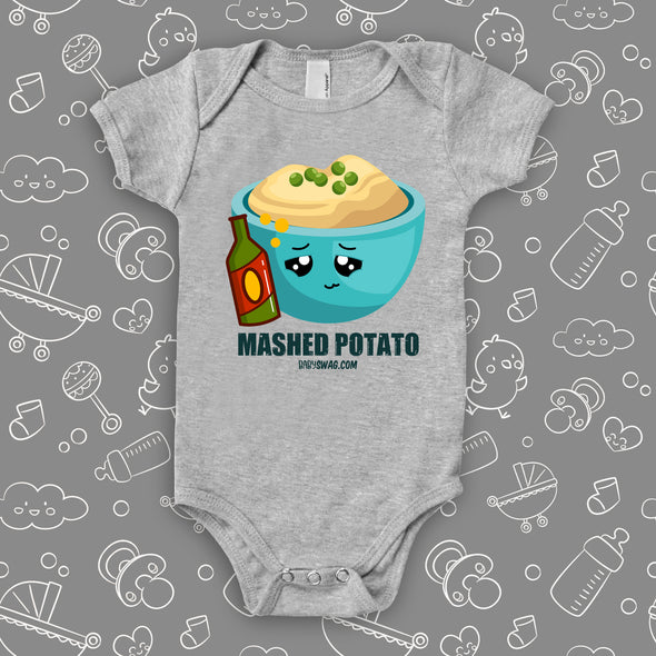 The "Mashed Potato" graphic baby onesies in grey