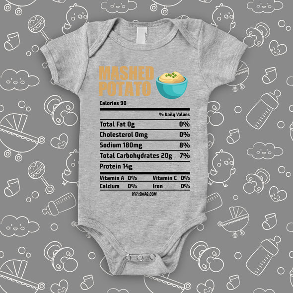 The "Mashed Potato Nutrition Facts" cute baby onesies in grey.