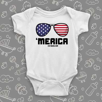 Funny infant onesie with saying "'Merica" in white