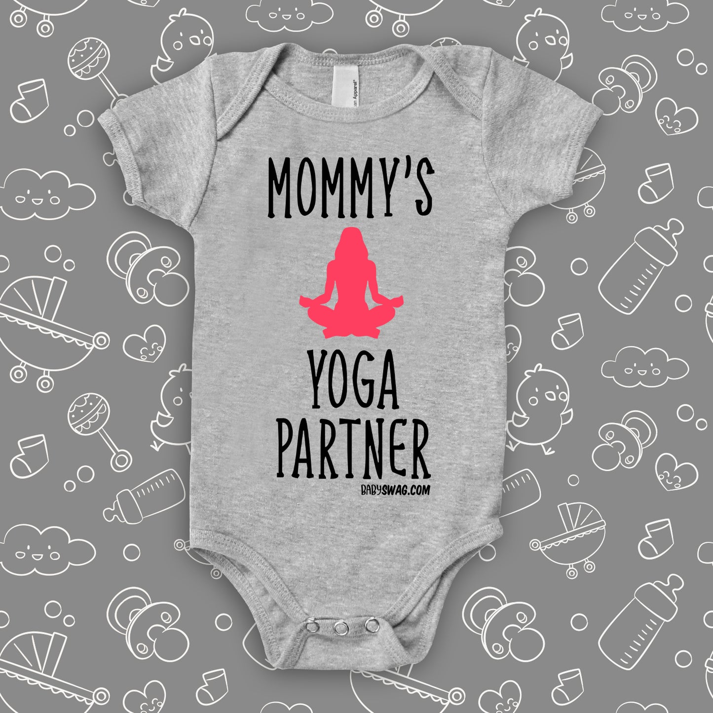 Cute baby onesies with saying "Mommy's Yoga Partner" in grey. 