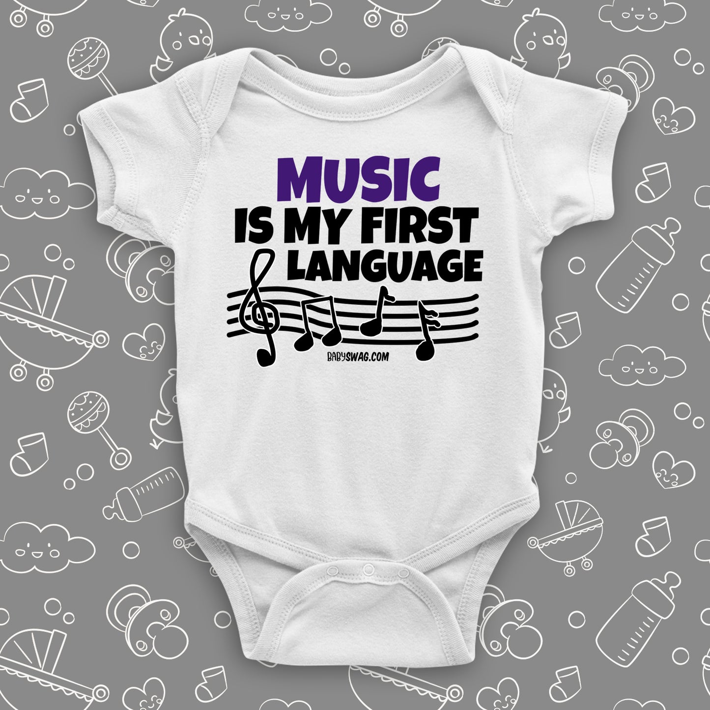Cute baby onesies with saying "Music Is My First Language" in white.