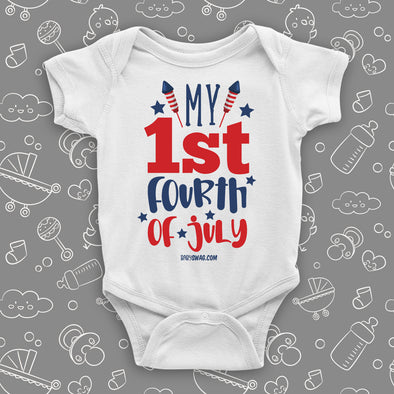Graphich baby onesies with saying "My First 4th of July" in white.