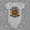 The "My First Football Season" cute baby boy onesies in grey. 