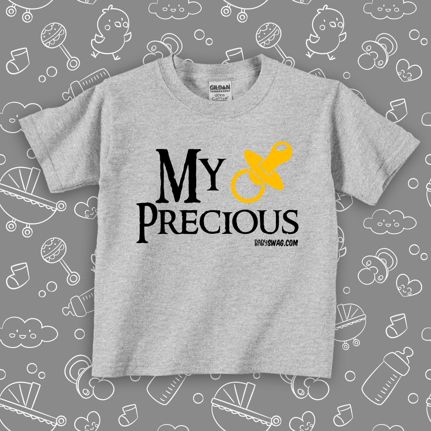 The "My Precious" funny  toddler shirt in grey. The "My Precious" toddler graphic tees in grey. 