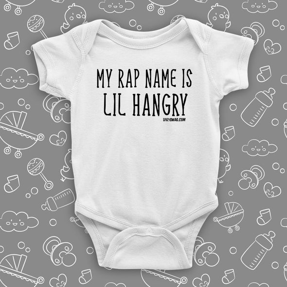Funny baby onesies with saying "My Rap Name Is Lil Hangry" in white.
