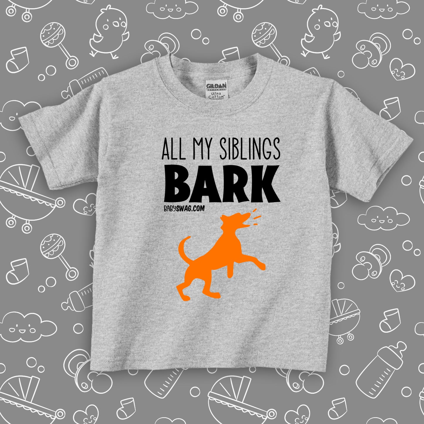 Cute toddler shirts with saying "My Siblings All Bark" in grey. 
