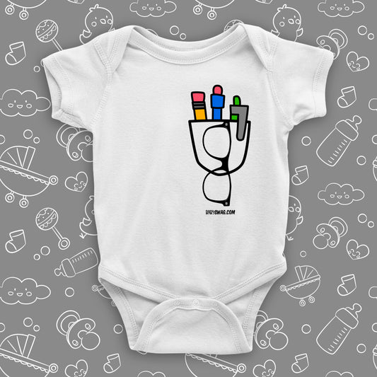 The "Nerdy Pocket" cute baby onesies in white.