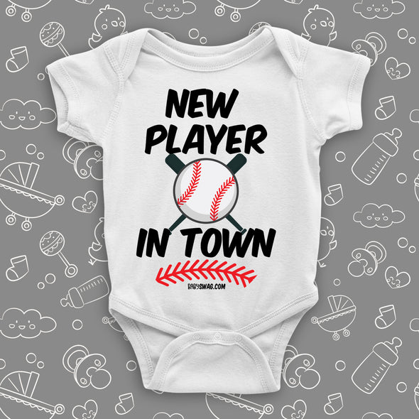 Unique baby onesies with saying "New Player In Town" in white.