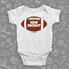 Funny baby boy onesie with a picture of a football and "New Recruit" print, color white. 