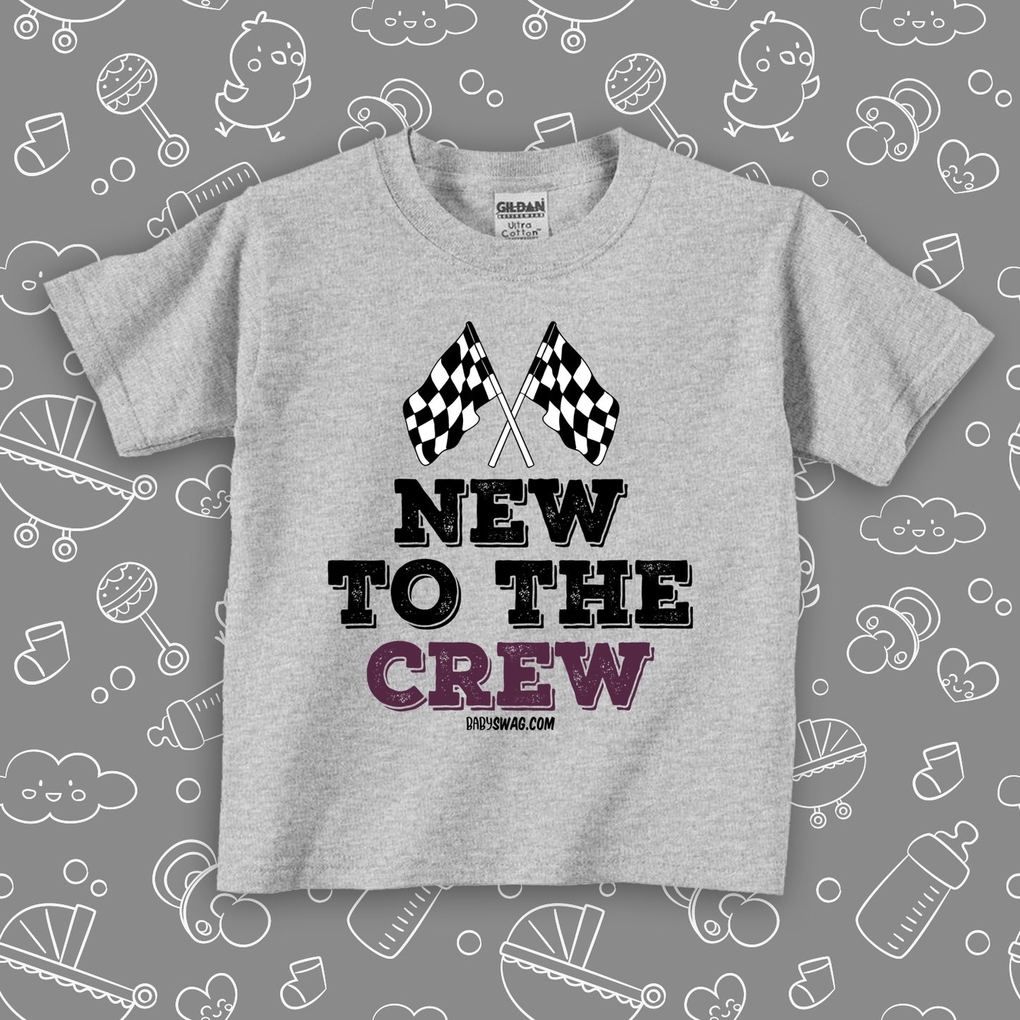 Toddler boy shirt with saying "New To The Crew" in grey. 