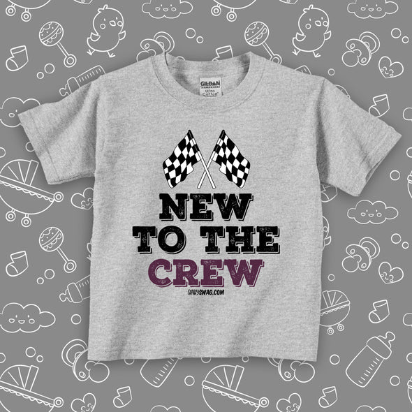 Toddler boy shirt with saying "New To The Crew" in grey. 