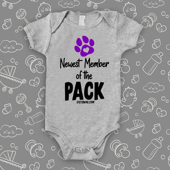 The "Newest Member of the Pack" hilarious baby onesie in grey.