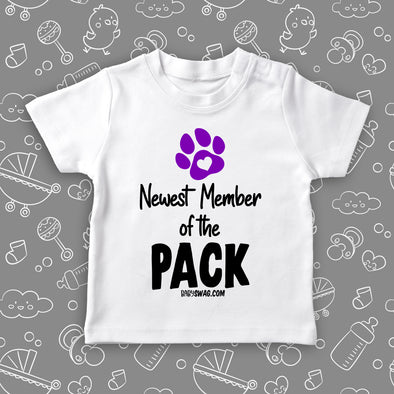 Toddler shirts with saying "Newest Member Of The Pack" in white.
