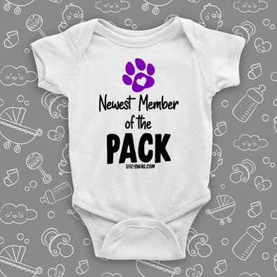 The "Newest Member of the Pack" hilarious baby onesie in white.