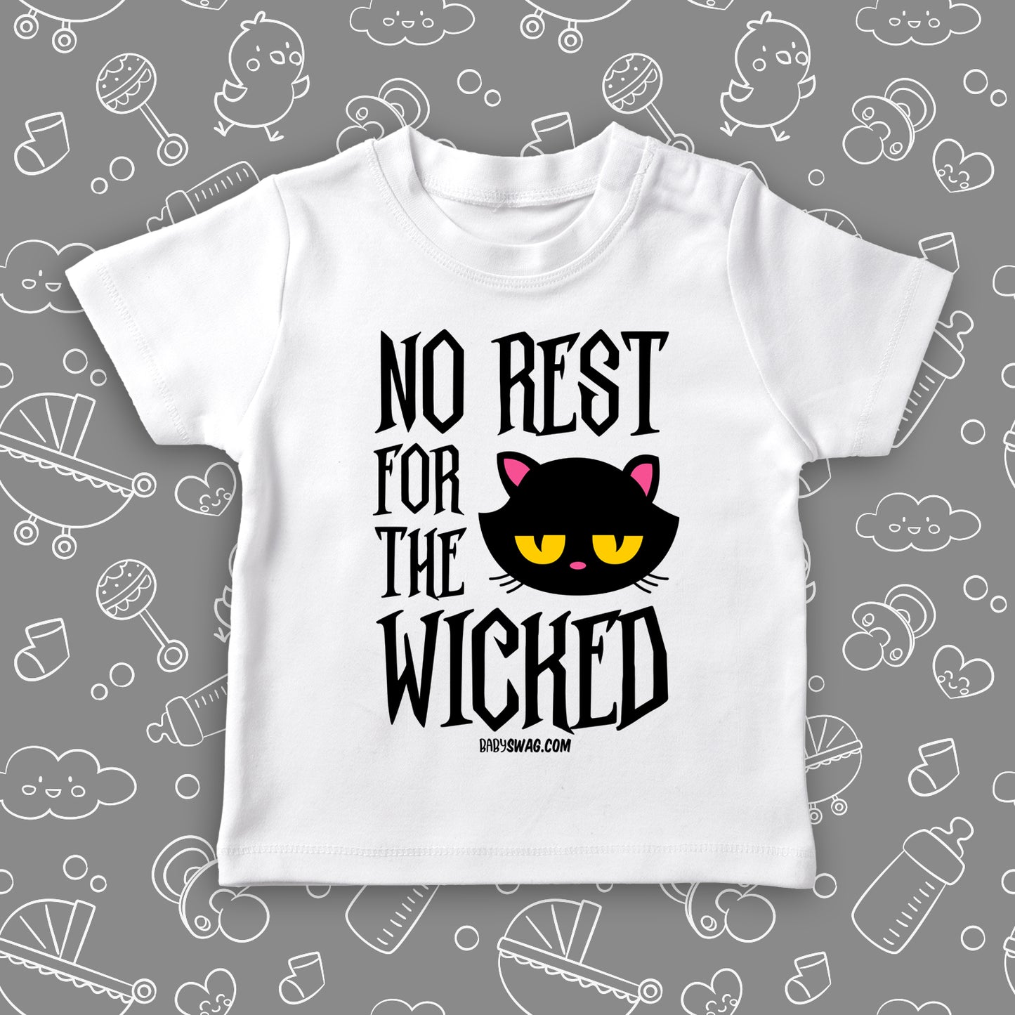 Funny toddler shirt with saying "No Rest For The Wicked" in white. 