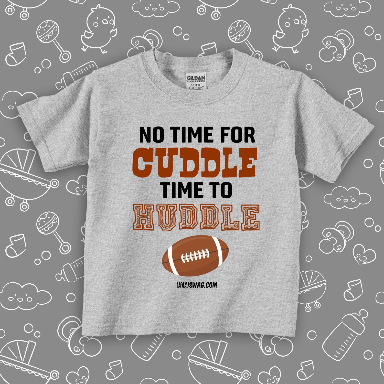 The "No Time For Cuddle Time To Huddle" toddler boy graphic tee in grey. 