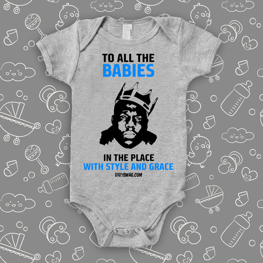 The "Notorious Big Biggie" unique baby onesie in grey.