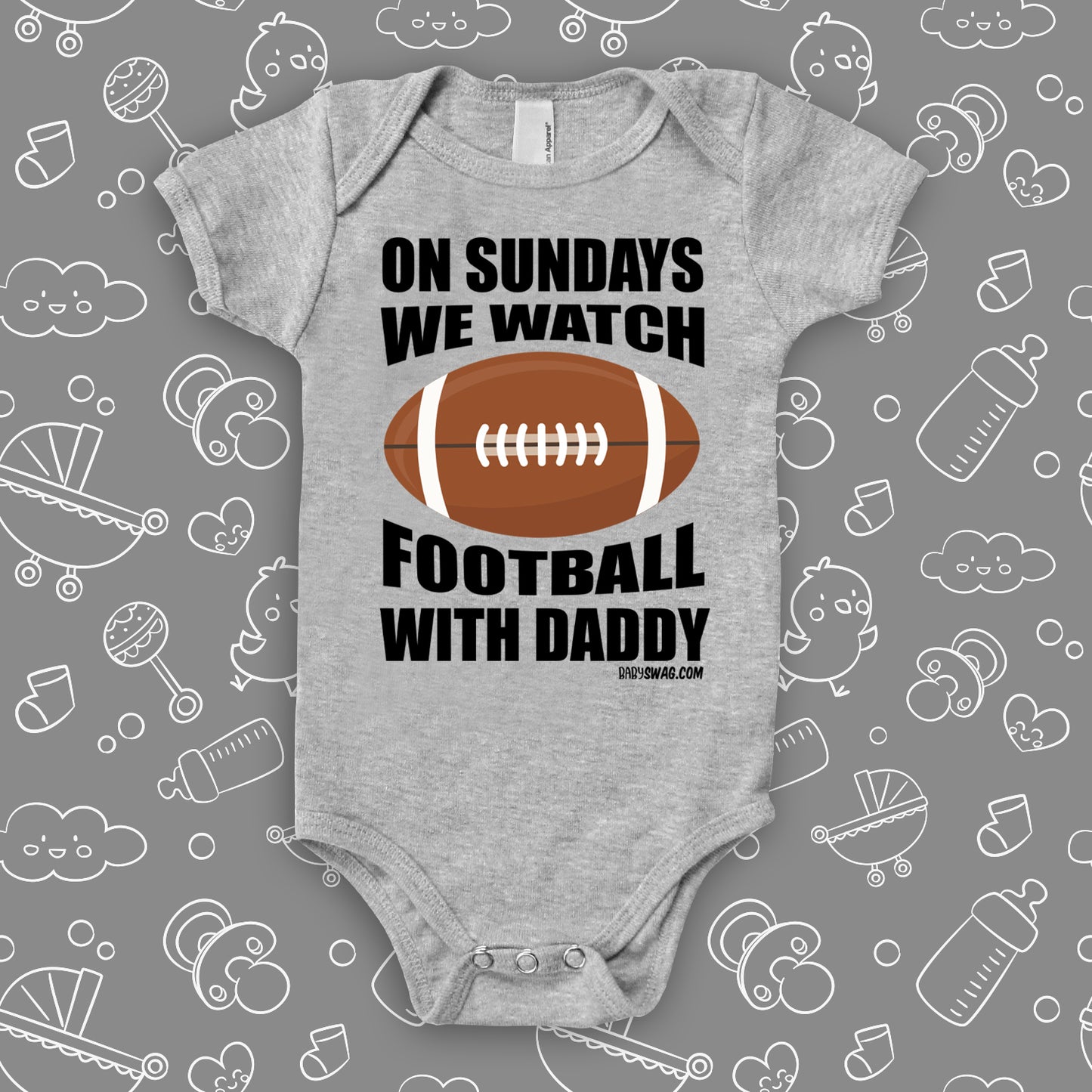 Cute baby boy onesies with saying: "On Sunday We Watch Foodball With Daddy" in grey. 