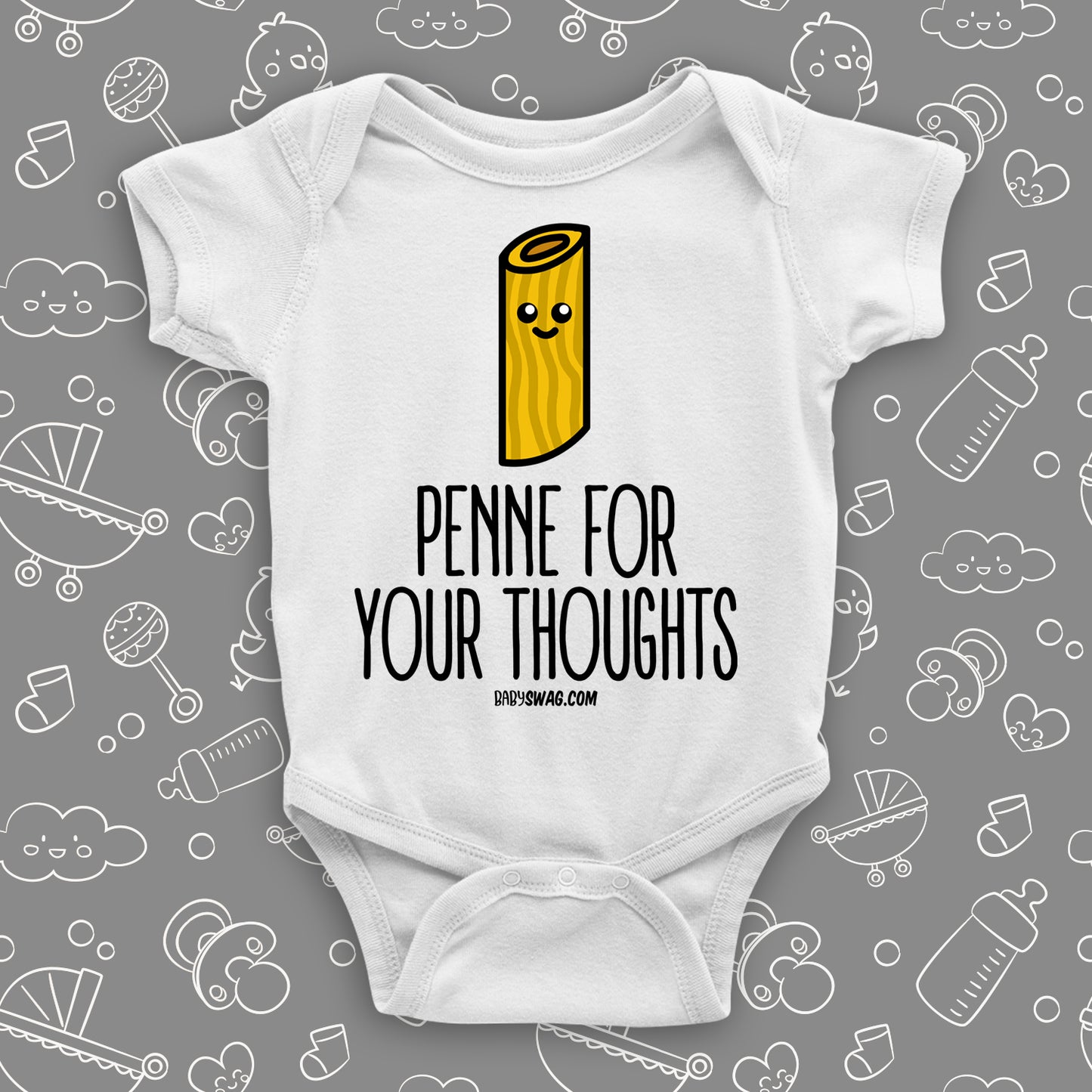 The ''Penne For Your Thoughts'' cute baby onesies in white.