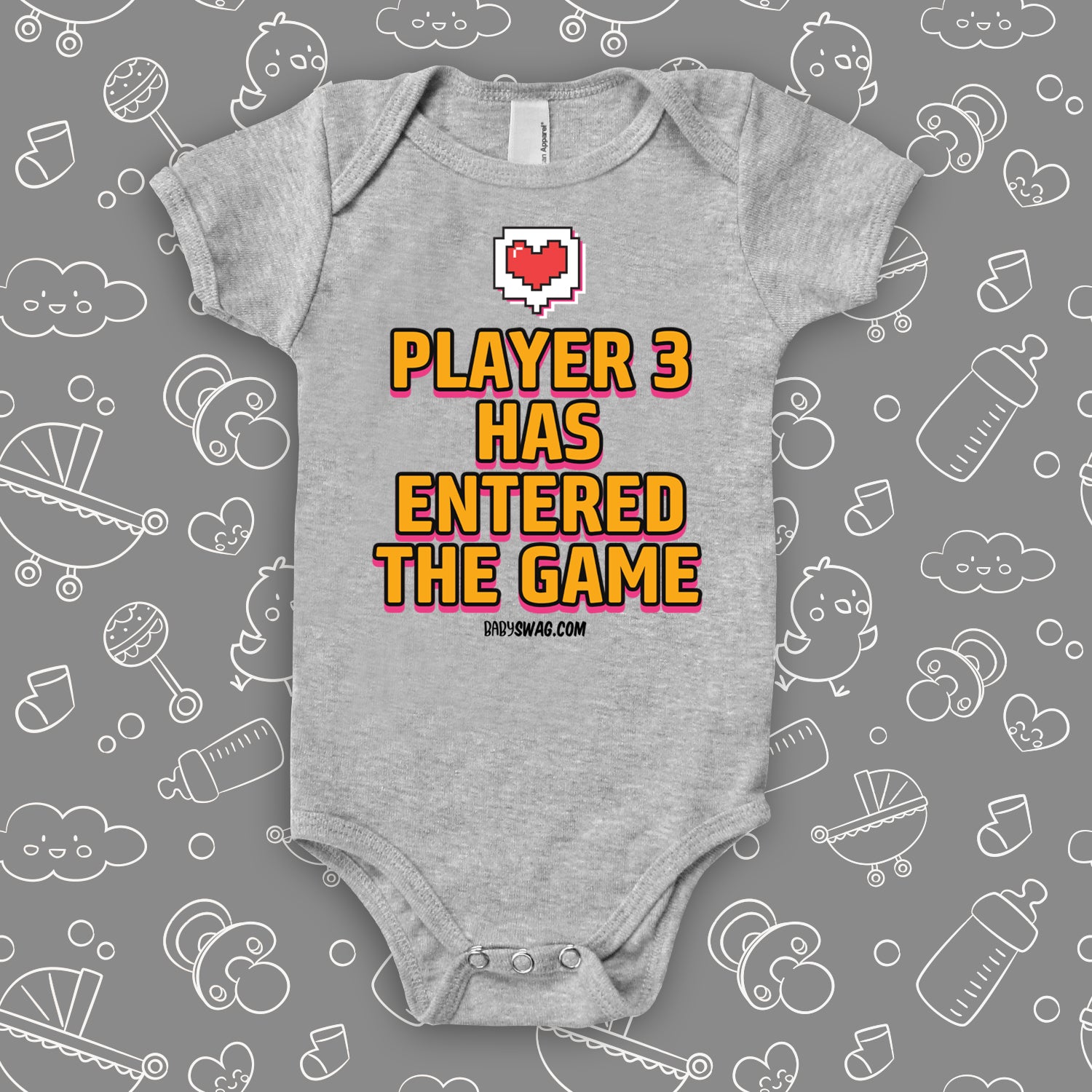 The "Player 3 Has Entered The Game" funny infant onesies in grey.