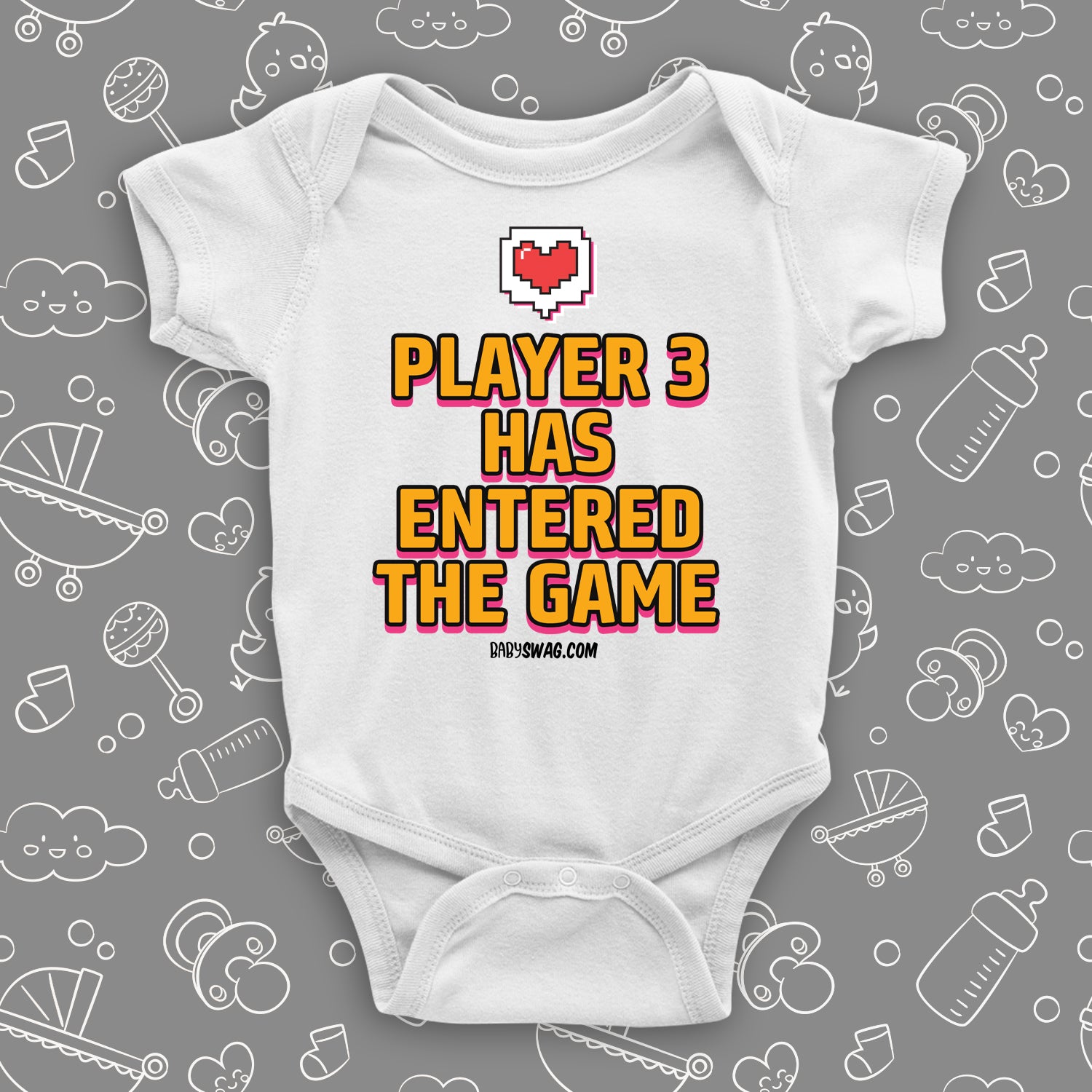 The "Player 3 Has Entered The Game" funny infant onesies in white.