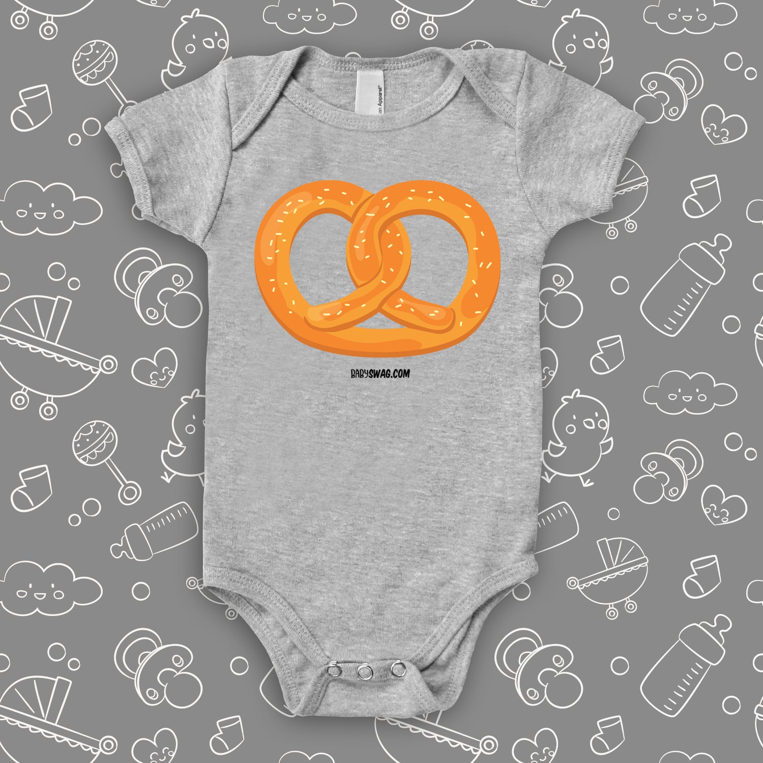 Cute baby onesie with an image of a pretzel, color grey.