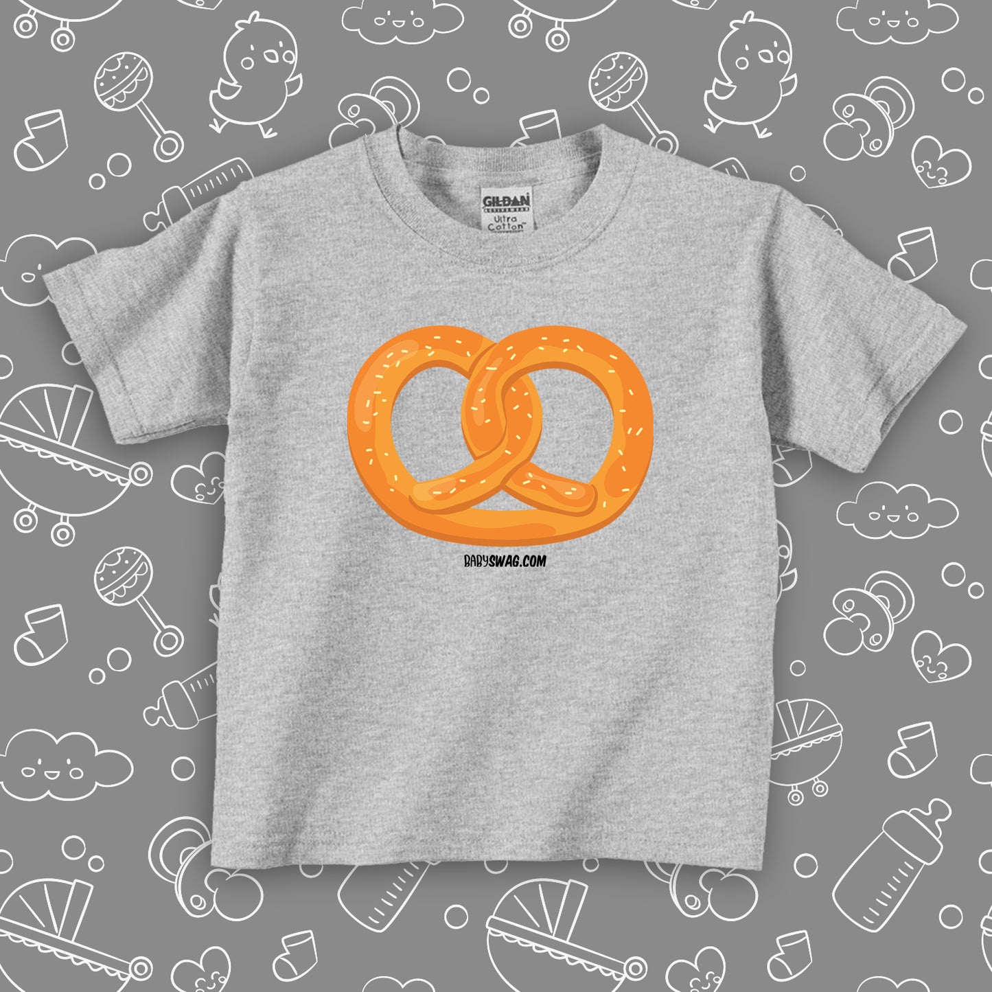 The "Pretzel" cute toddler shirt with an image of a pretzel in grey. 