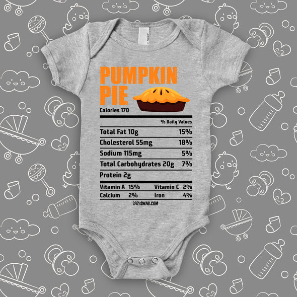 The "Pumpkin Pie Nutrition Facts" cute baby onesies in grey. 