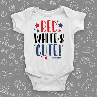 Cute baby onesies with a saying "Red, White & Bows!" in white.