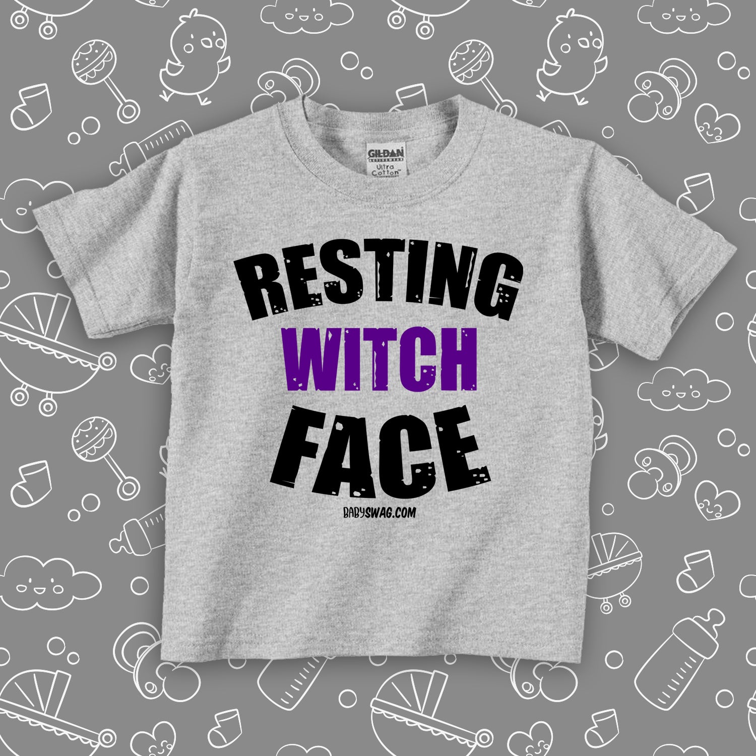 Funny toddler shirt with saying "Resting Witch Face" in grey. 