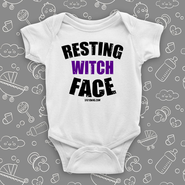 Funny baby onesies with saying "Resting Witch Face" in white.
