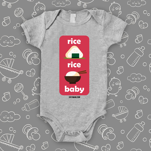 The ''Rice, Rice, Baby'' badass baby onesies in grey. 