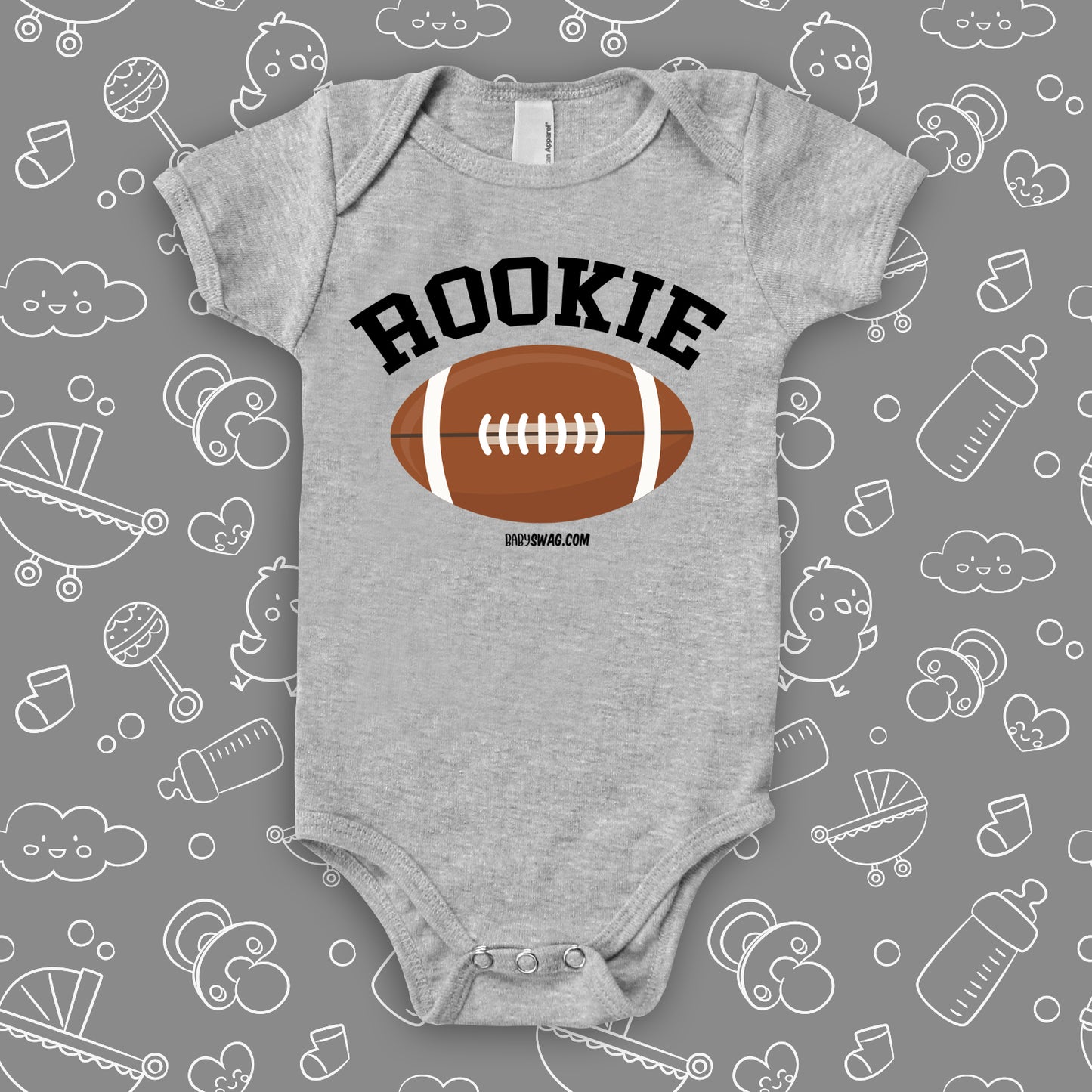 The "Rookie"unique baby onesies in grey. 