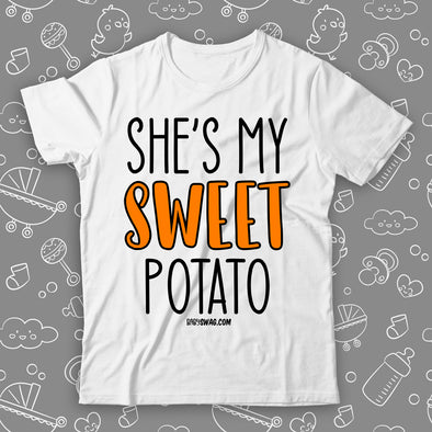 Cute toddlet shirt with saying "He's My Sweet Potato" in white