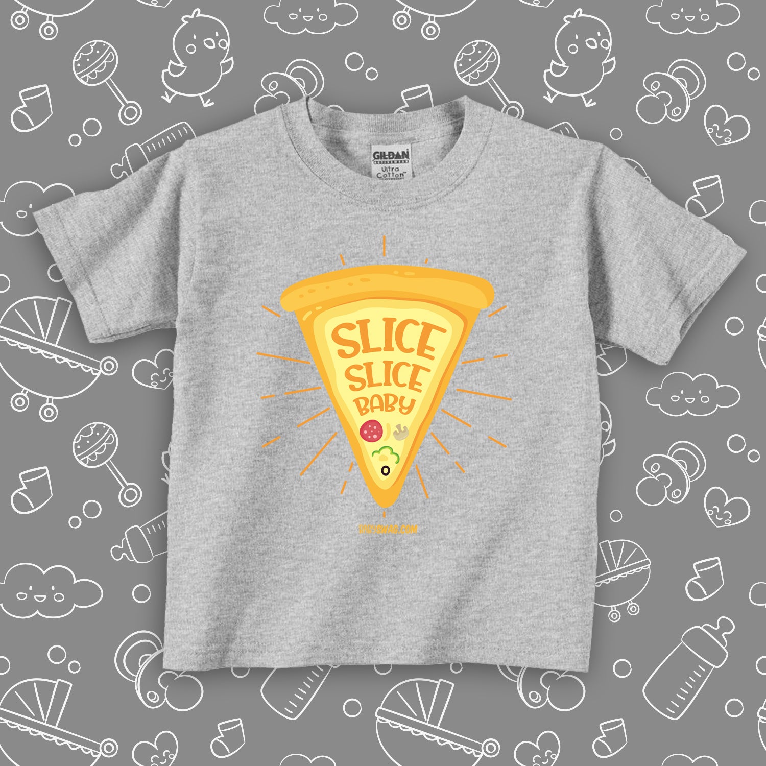 Cute toddler shirt with saying "Slice Slice Baby" in grey. 