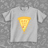 Cute toddler shirt with saying "Slice Slice Baby" in grey. 