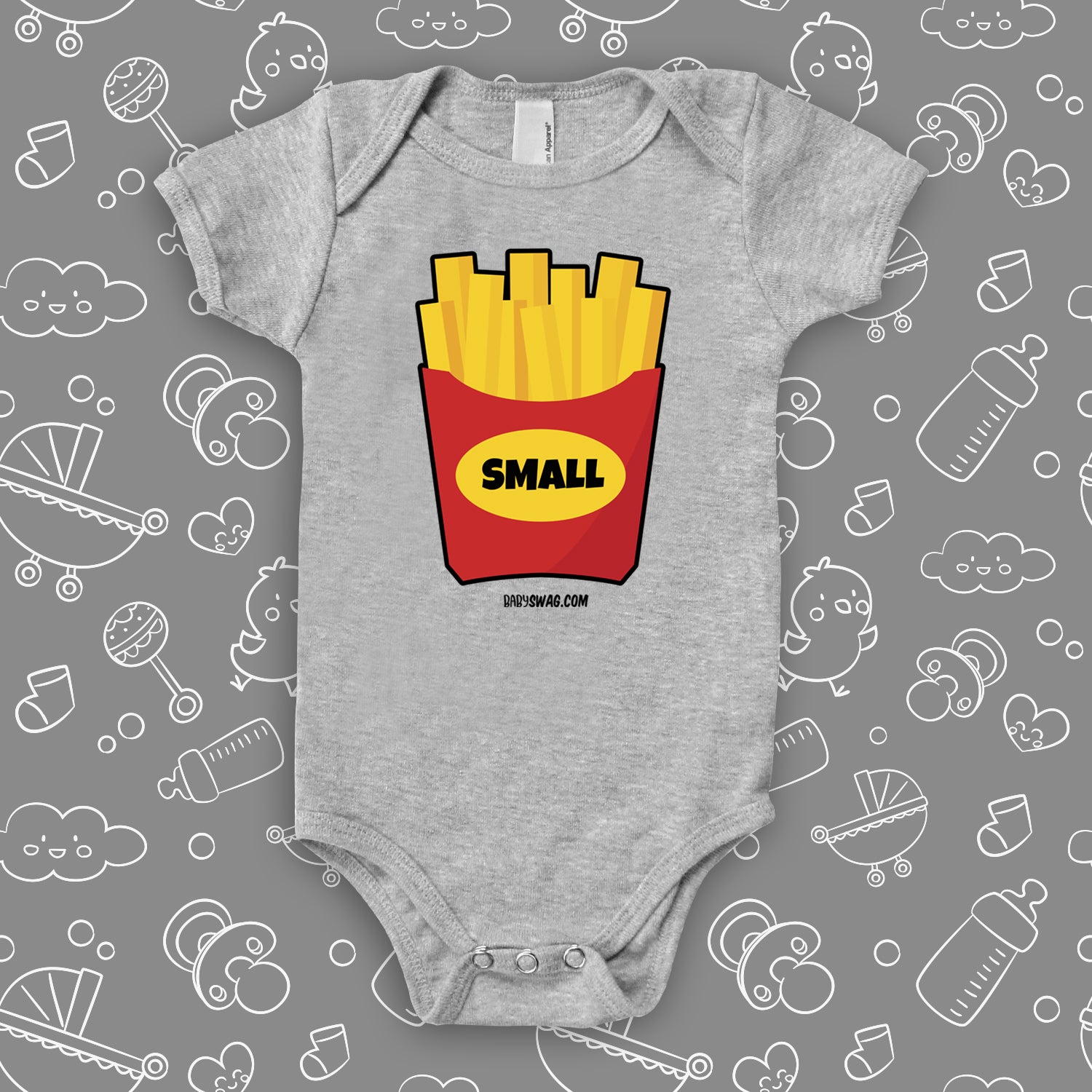 The ''Small Fry'' graphic baby onesie in gray