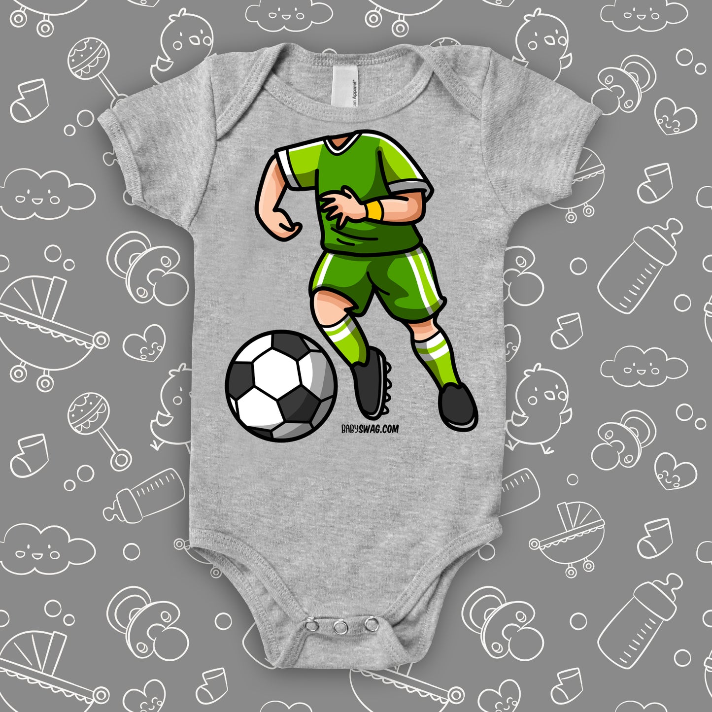 A graphic baby boy onesie with soccer bobblehead image, in color grey.  