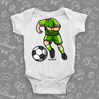 A graphic baby boy onesie with soccer bobblehead image, in color white.