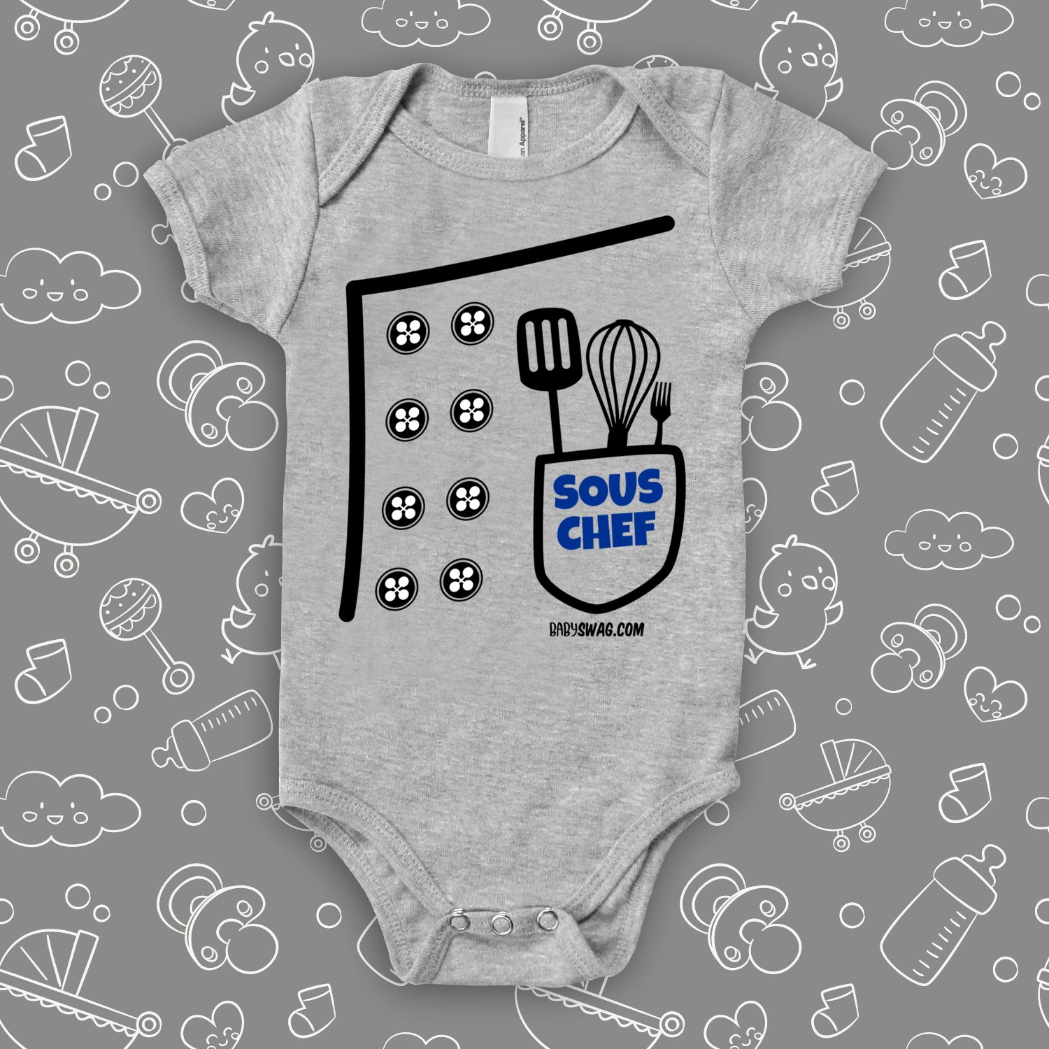The ''Sous Chef'' cool baby onesies in grey. 