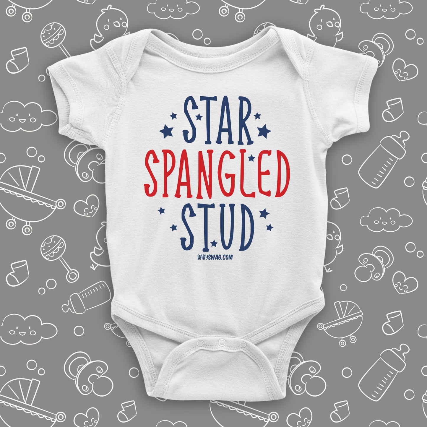 The unique baby boy onesies with the caption "Star Spangled Stud" in white.