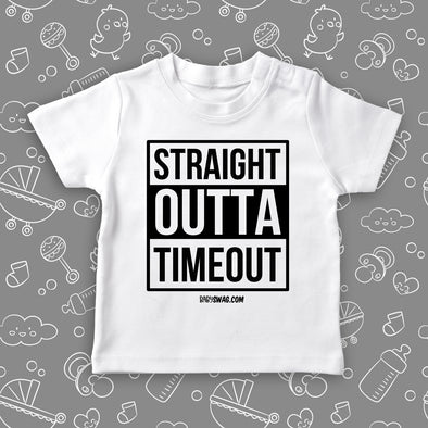 Toddler shirt with saying "Straight Outta Timeout" in white.