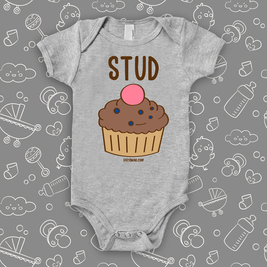 The ''Stud Muffin'' cool baby boy onesies in grey.