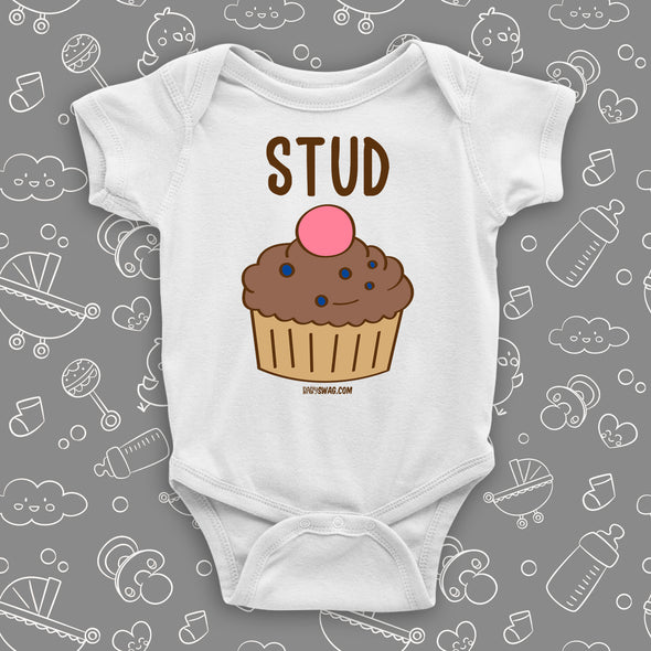 The ''Stud Muffin'' cool baby boy onesies in white.