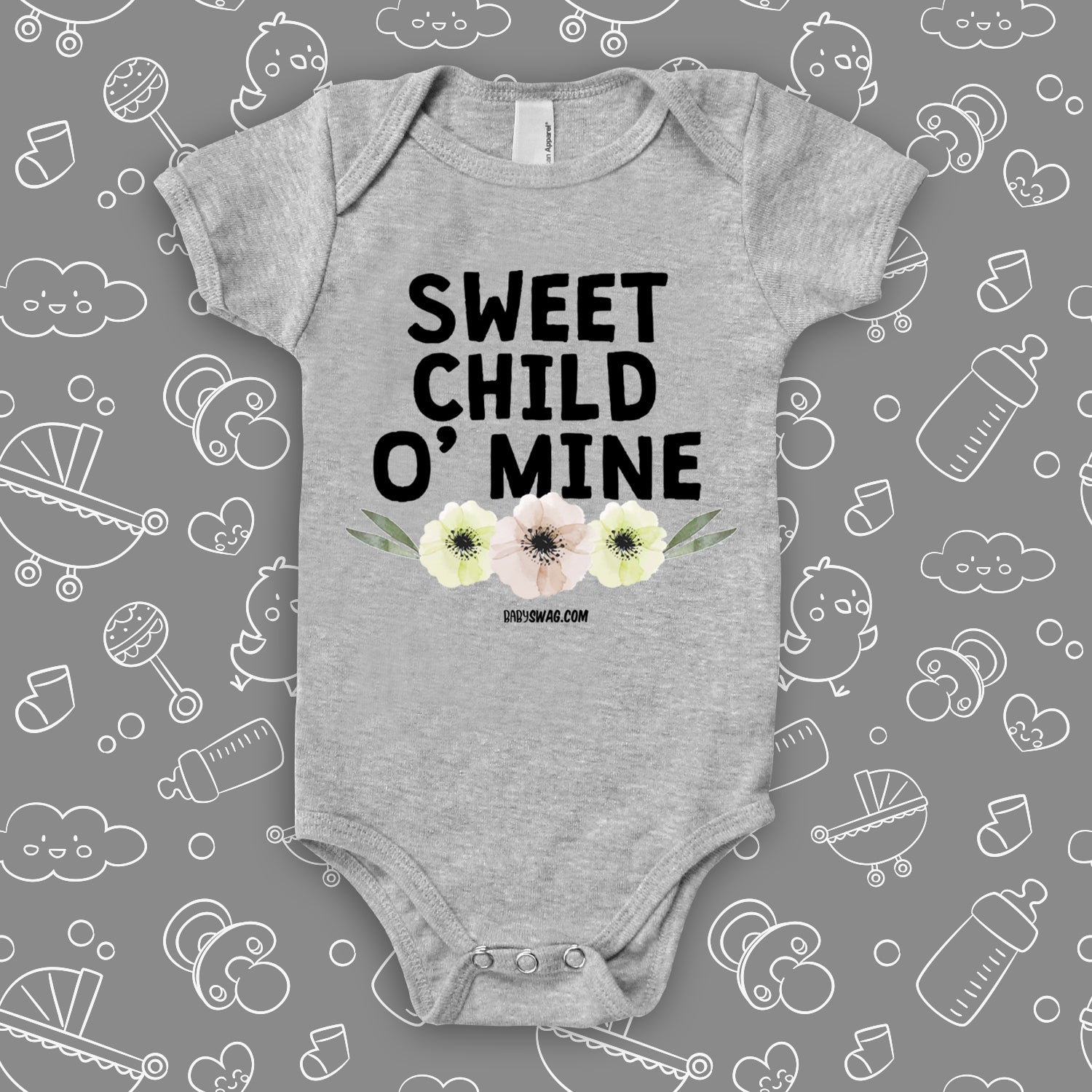  The "Sweet Child O' Mine" unique baby onesies in grey. 
